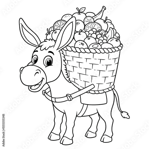 A cheerful cartoon donkey carries a large woven basket filled with fruits like apples, bananas, and grapes, capturing a lively and hardworking rural vibe.