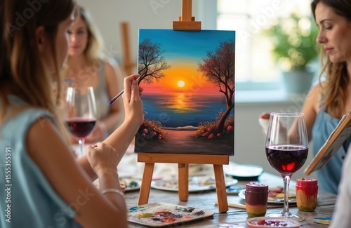 Friends enjoy painting workshop, sipping wine. Group of women socialize during creative activity. Artist painting sunset landscape on canvas. Lifestyle, leisure, relaxing time, fun together.