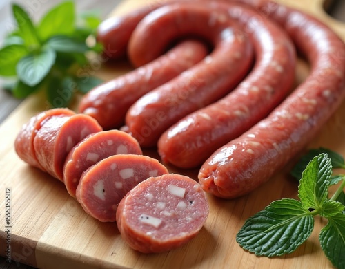 Boerewors South African sausage with fresh mint garnish. Sliced raw sausage on wooden cutting board, culinary photo, ready to cook, butcher shop, gourmet food concept.