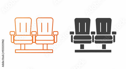 This high-quality vector graphic features two minimalist orange connected chairs icons (outline and solid) with rectangular backs, seats, and armrests, emphasizing seating and clean design.