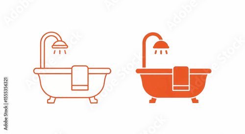 This high-quality vector graphic features two minimalist orange bathtub icons (outline and solid) with an overhead shower and towel, emphasizing bathing and clean design.