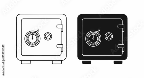 This high-quality vector graphic features two minimalist safe icons (outline and solid black) with rounded corners, feet, and a circular dial, emphasizing security and clean design.
