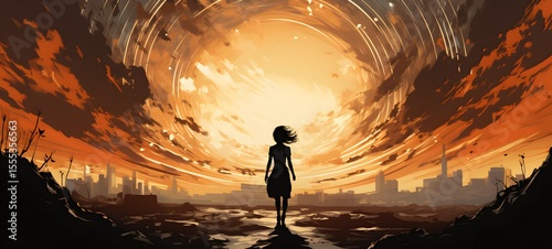 pop surreal unreal silhouettes spiral towards lady Angel, ai generatif