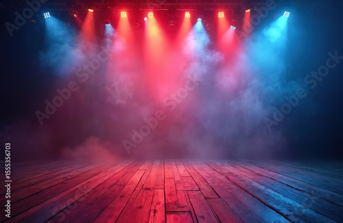 Empty concert stage illuminated by colorful lighting effects. Smoke creates atmospheric mood. Wooden floor reflects beams, creating theatrical venue for music shows, events, parties. Blue, red