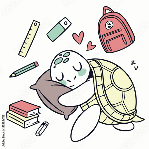 Cute SVG of a Peaceful Sea Turtles in Chalkboard Fun colors, featuring hugging a pillow in a Back to school setting