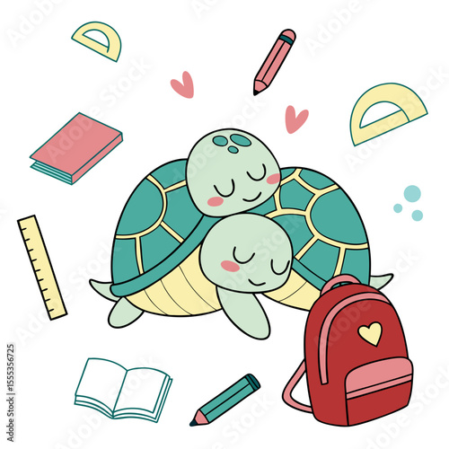 Cute SVG of a Peaceful Sea Turtles in Chalkboard Fun colors, featuring hugging a pillow in a Back to school setting