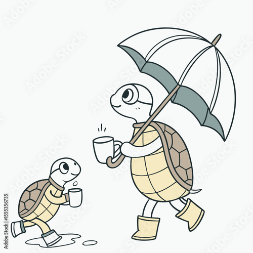 Vector illustration of a Playful Sea Turtles with wearing bunny slippers, styled in a Rainy day theme using Raindrop Calm colors