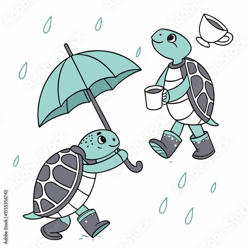Vector illustration of a Playful Sea Turtles with wearing bunny slippers, styled in a Rainy day theme using Raindrop Calm colors