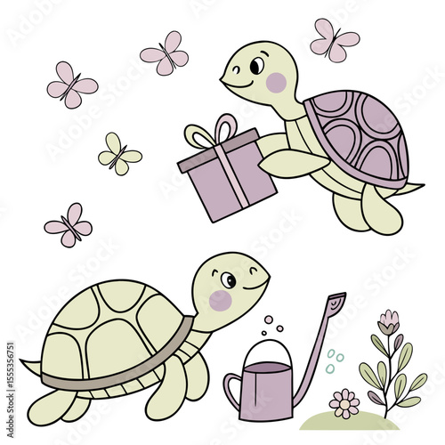 Vector illustration of a Peaceful Sea Turtles with carrying a gift box, styled in a Spring garden theme using Spring Garden colors