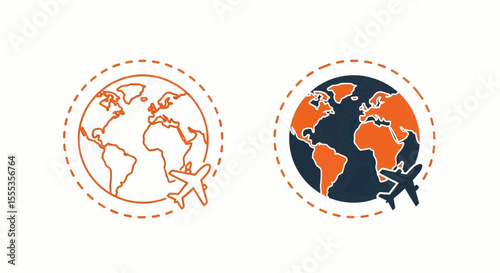 This high-quality vector graphic features two minimalist orange global travel icons (outline and solid) with a dashed Earth and airplane, emphasizing worldwide journeys and clean design.