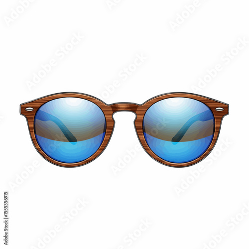 Walnut Wood Round with Blue Mirror Lenses Sunglasses