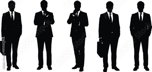 Businessmen silhouettes, standing with briefcase, formal wear, confident pose, corporate attire, isolated vector illustration, leadership concept, professional appearance