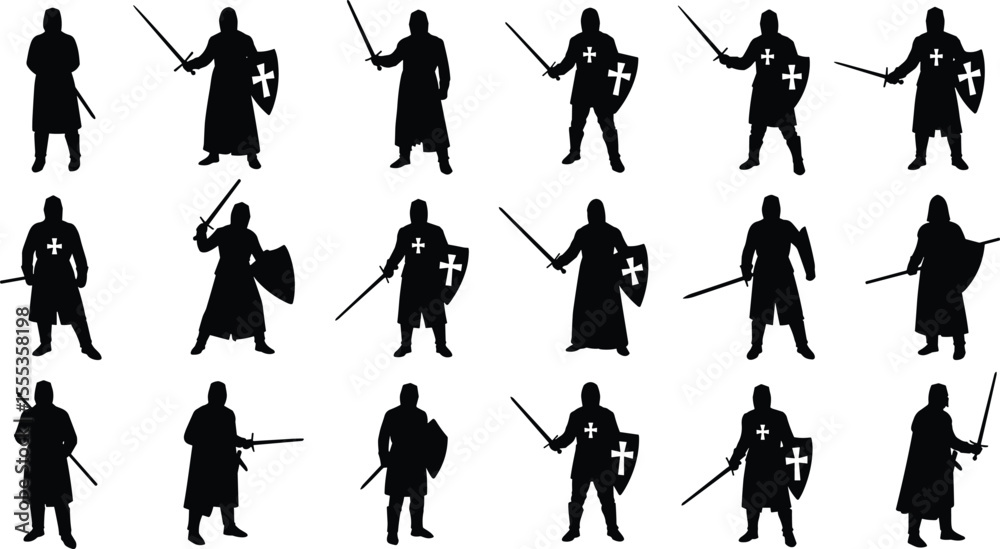 Obraz premium Collection of medieval knight silhouettes with swords and shields, battle-ready crusader poses, vector illustration for fantasy, war, and game design