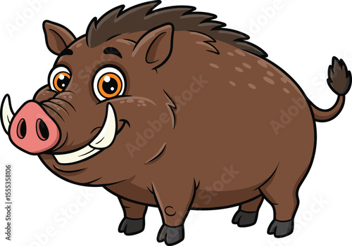 Cartoon wild boar vector, cute jungle animal illustration, tusked pig character, funny forest creature, happy hog mascot, wildlife drawing