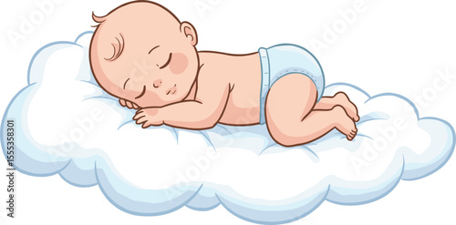 Cute baby sleeping on cloud, peaceful infant nap, adorable newborn illustration, cartoon baby rest, soft dreamy baby vector artwork