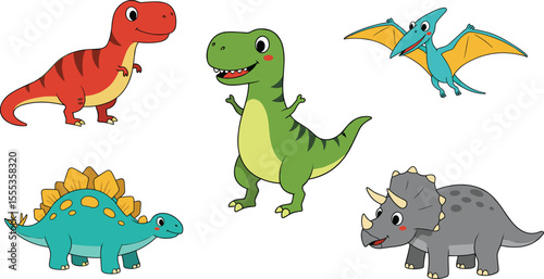 Cute cartoon dinosaur set, colorful prehistoric animals, baby dino vector, smiling dinosaurs illustration, kids dinosaur clipart, fun Jurassic character pack