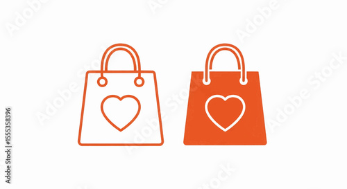 This high-quality vector graphic features two minimalist orange shopping bag icons (outline and solid) each with a heart symbol, emphasizing shopping, love, and vibrant design.