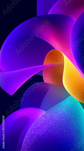 Colorful abstract shapes flowing and intertwining on dark background