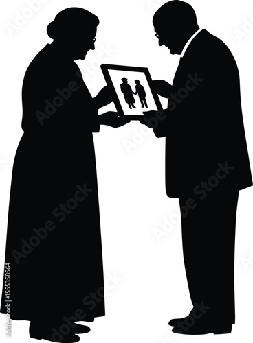 Elderly couple holding family photo, remembering loved ones, silhouette concept of memory, nostalgia, love, senior relationship, vector illustration art