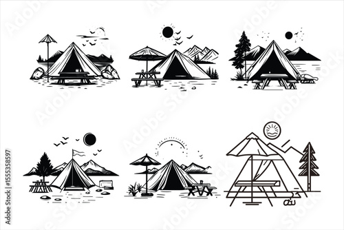 set of camping elements, tent, circus, vector, sky, illustration, mountain, carnival, landscape, entertainment, marquee, fun, travel, nature, icon, mountains, sun, design, snow, festival, holiday, sum
