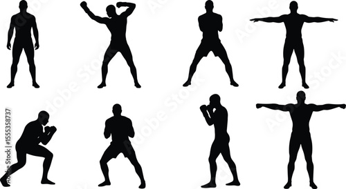 Fighter silhouette poses, martial arts stance, boxing training, male action figure, vector illustration, combat exercise, athletic strong man