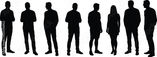 Group of people standing, silhouette figures, men and woman in casual pose, social gathering concept, vector illustration, black shadow design