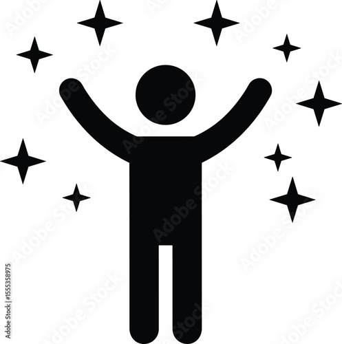 Happy person icon with stars, achievement celebration, joyful expression, positive emotion, silhouette figure, vector illustration, success and happiness design