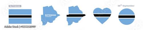 botswana flag and map set. botswana flag in official colors and proportions. independence day 30 september, map, circle and heart shaped botswana 
