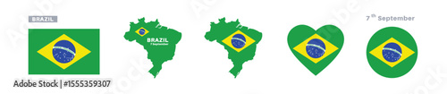 brazil flag and map set. brazil flag in official colors and proportions. independence day 7 september  , map, circle and heart shaped brazil 
