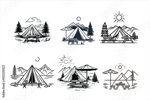 set of camping elements, tent, circus, vector, sky, illustration, mountain, carnival, landscape, entertainment, marquee, fun, travel, nature, icon, mountains, sun, design, snow, festival, holiday, sum