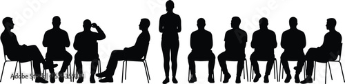 People sitting on chairs, one standing, silhouette vector illustration, office meeting scene, group discussion, seminar, business communication, teamwork