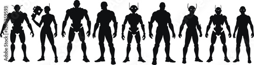 Robot character silhouette vector set, futuristic android warrior poses, cyberpunk sci-fi design, black mechanical figure illustration for tech themes
