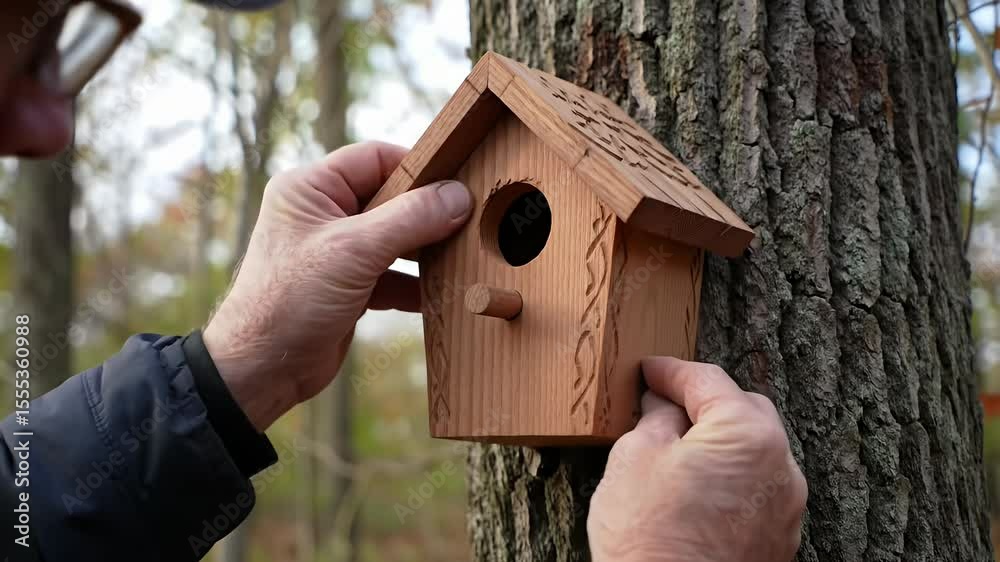 Person attaching wooden birdhouse to tree