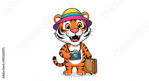 Cute cartoon tiger tourist with camera, sun hat, and suitcase, smiling, isolated on white background. Travel adventure character.