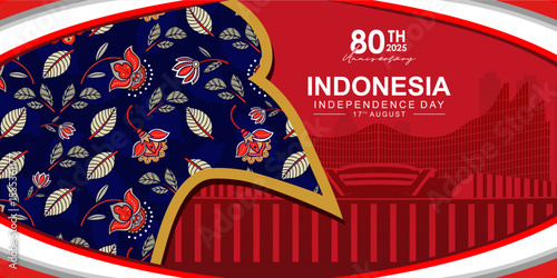 Banner or poster design for the 80th Indonesian Independence Day in 2025 with the silhouette element Batik and of the Nusantara Building at the IKN.