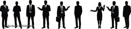 Silhouette of business people, professional standing pose, teamwork concept, corporate attire, communication, male female character, vector illustration