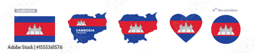 cambodia flag and map set. cambodia flag in official colors and proportions. independence day 9 november, map, circle and heart shaped cambodia 
