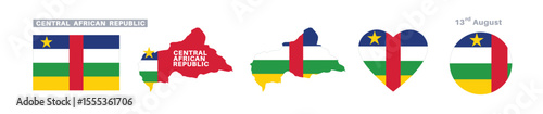 central african republic flag and map set. central african republic flag in official colors and proportions. independence day 13 august , map, circle and heart shaped central african republic
