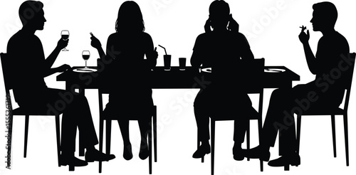 Silhouette of people sitting and eating at dining table, restaurant scene, drinking wine, vector illustration for food and lifestyle concept