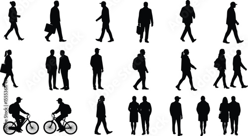 Silhouette of people walking, cycling, and commuting, side view, male and female figures, urban lifestyle, vector illustration, everyday scene