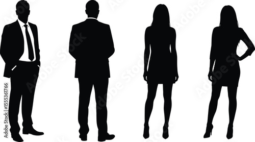 Silhouette of professional men and women standing, business attire, confident pose, formal outfit vector illustration, corporate people design
