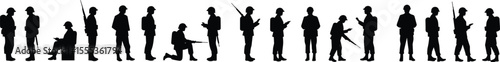 Silhouette of soldiers with guns in various poses, military army team vector, armed forces illustration for defense and warfare concepts