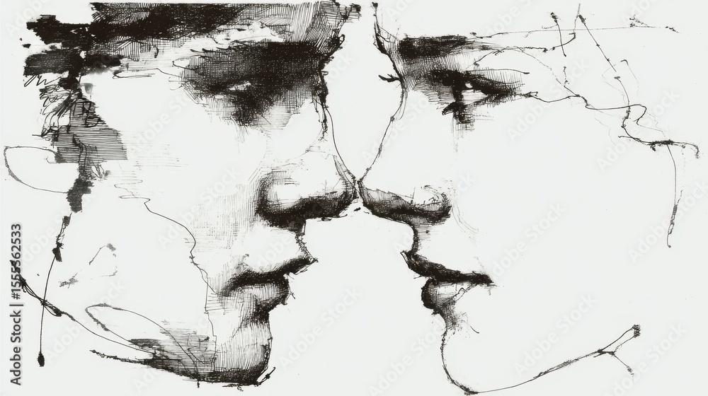 Obraz premium Close Up Black And White Drawing Of A Couple's Faces