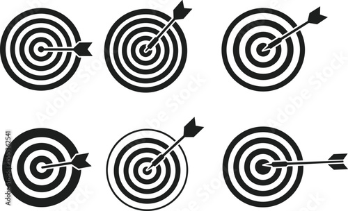 Vector illustration of dart hitting target, bullseye symbol, business goal achievement, precision accuracy, marketing strategy success, flat silhouette icon