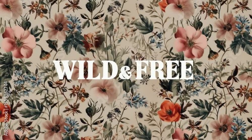 Big white letters with flower pattern. Soft colors and wild plants.