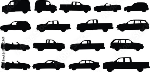 Vehicle silhouettes vector collection, including SUV, van, pickup truck, sedan, and convertible car icons, perfect for transport illustrations