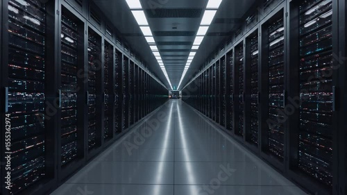 Futuristic Data Center with Glowing Blue Sparks. Sci-Fi Video, Dim Lighting, Blue Hues, AI, Big Data, Technology, Cyber Security, IT Industry, Innovation