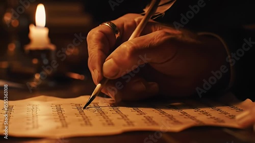 Candlelit scene hand writing on parchment with quill