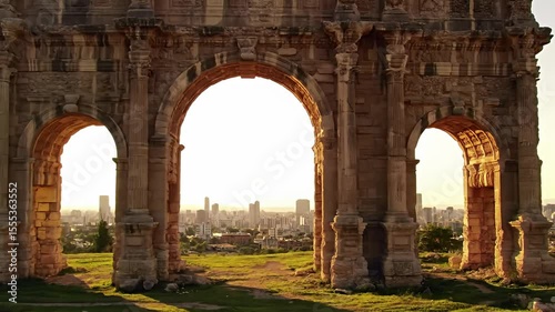 Aged stone archways overlook a city skyline at sunrise with green hillside