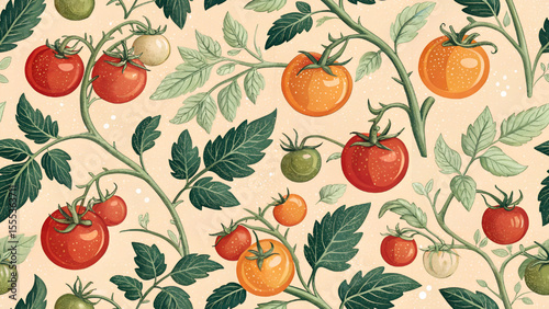 Vector illustration of seamless pattern. Red, orange, green tomatoes with fresh green leaves. Pastel orange background.